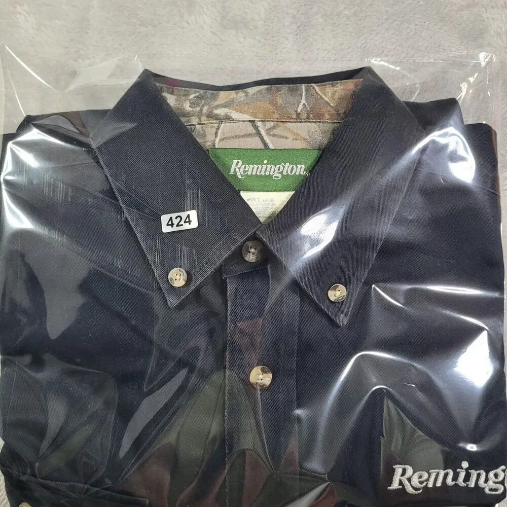 Remington Shirt Mens Large Black Long Sleeve Button Down Twill Hunting Camo